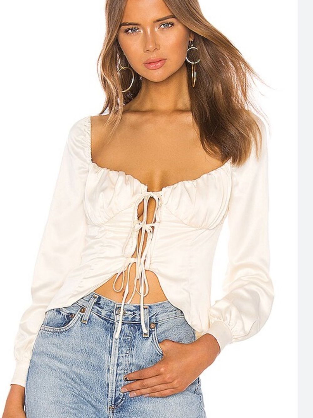 Majorelle Waldorf Top in ivory is a satin blouse center tie-front closure. Small